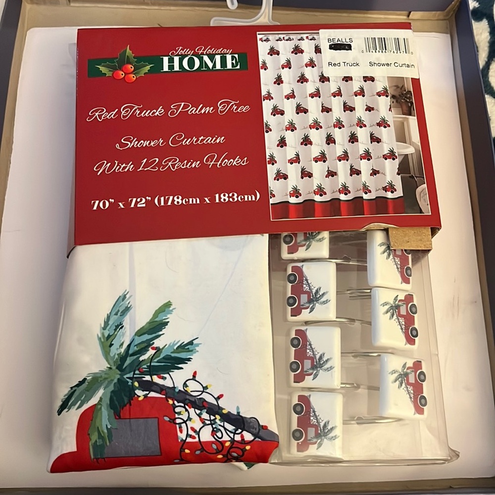 Red truck palm tree shower curtain with hooks